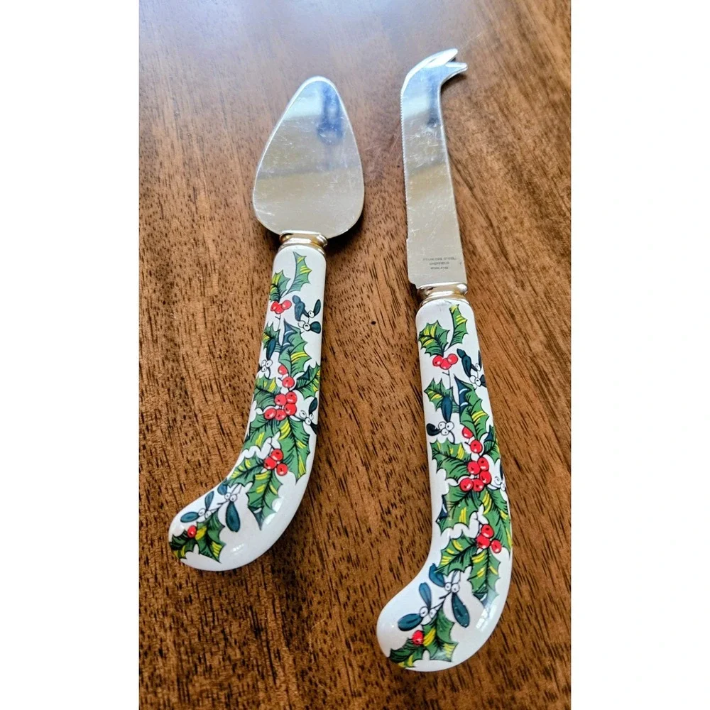VTG Sheffield England Christmas Holly Berries Stainless Steel Cheese Knife Set